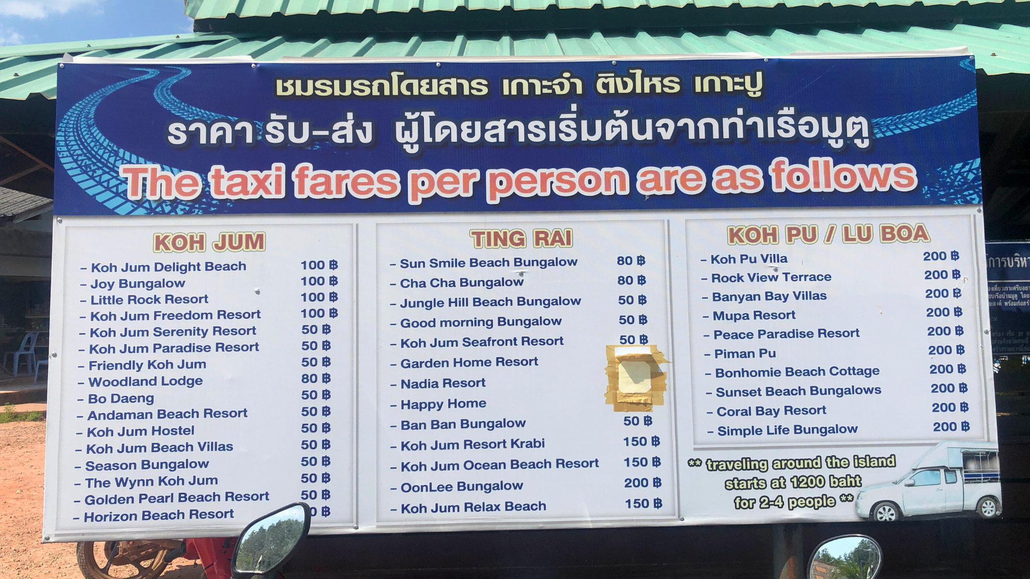 ตารางราคารถโดยสารไปที่โรงแรมต่างๆ